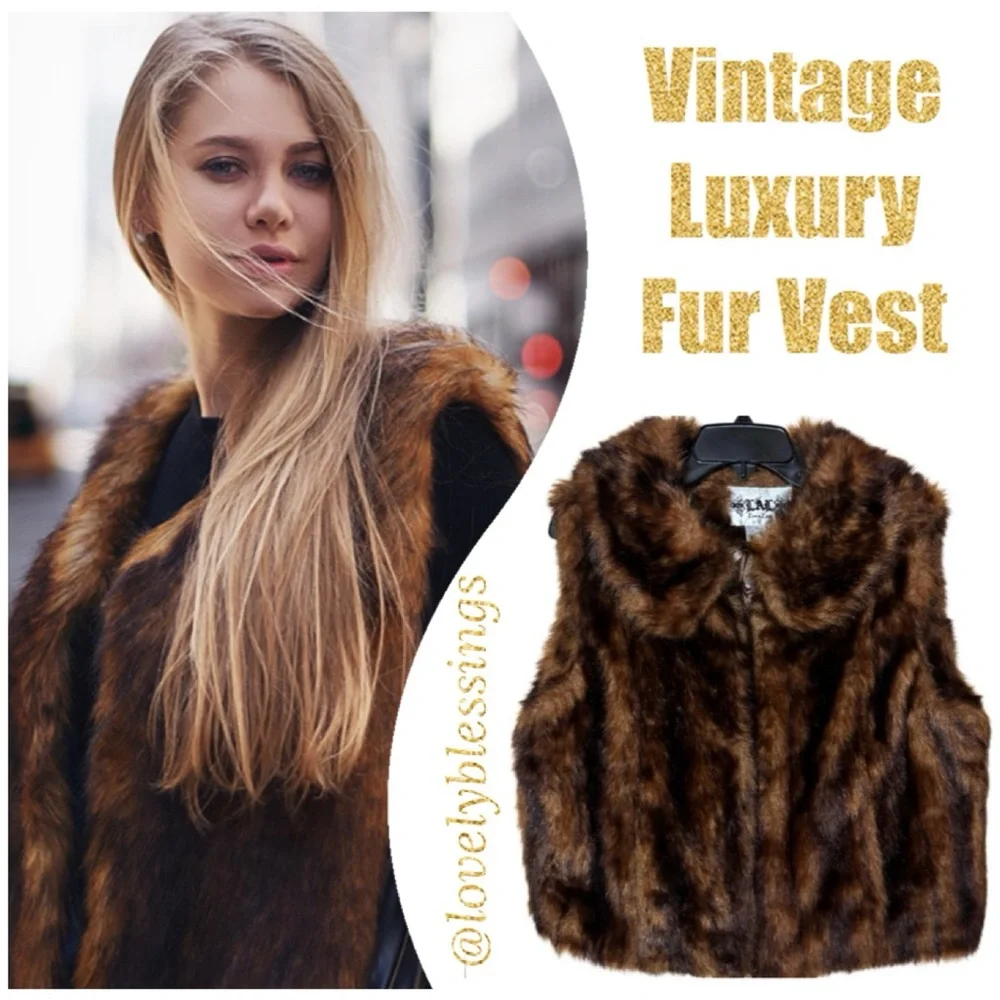 Vintage Fur Vest Luxury Faux Fur 1990s 2000s Y2K Brown Gold Black Size XLarge